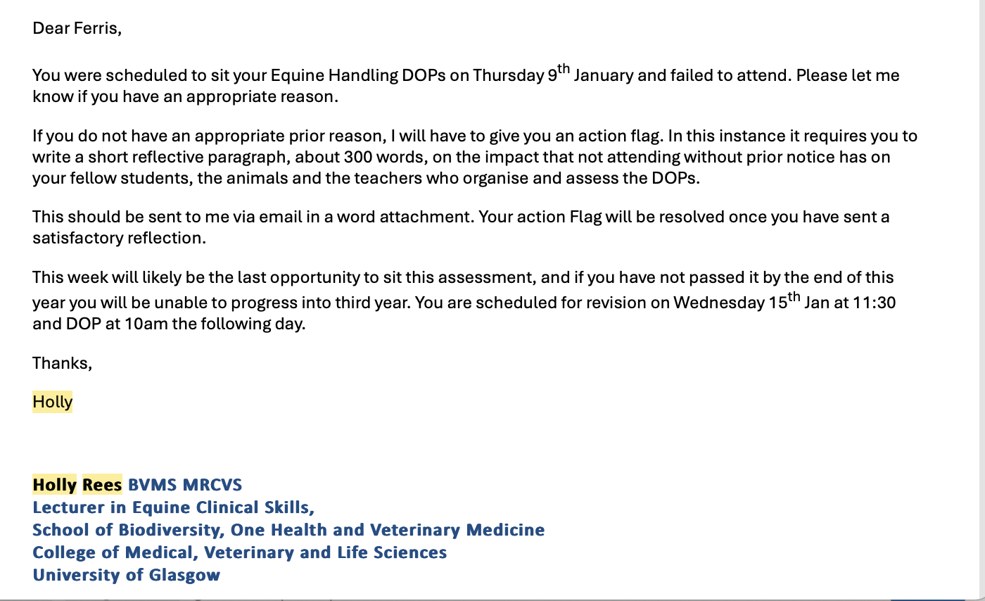 Email notification regarding action flag for missed Equine DOPS